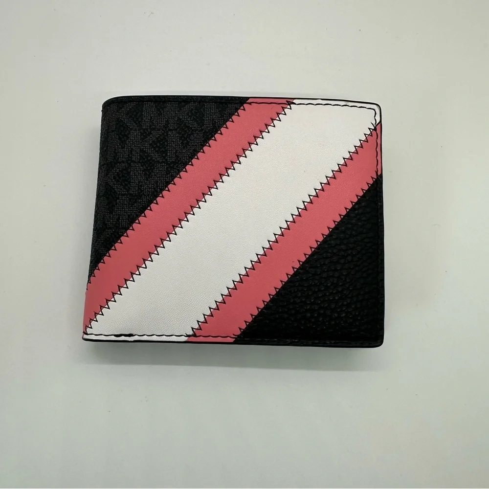 NWT Michael Kors | Cooper Logo and Striped Billfold Wallet in Black & Pink $178